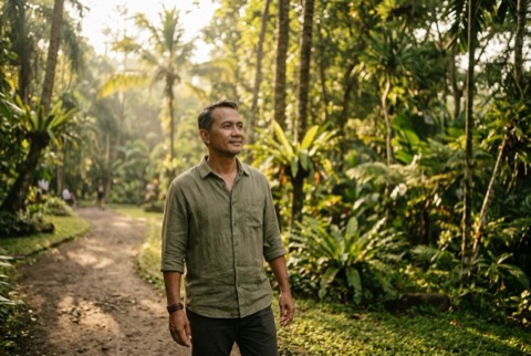 Pria dewasa menikmati suasana jalan pagi yang teduh di lingkungan hijau